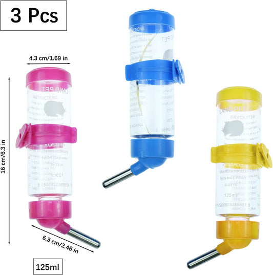 3 Pack Hamster Water Feeder Bottle, 125 ml No-Drip Small Animals Water Dispenser, Pet Hanging Water Bottle for Guinea Pigs, Bunny, Chinchillas, Rabbit
