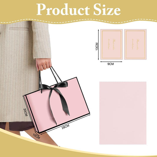 2PCS Gift Bags11x7.9x3.9 Inch, Paper Gift Bag with 4 Wrappers and 2 Cards,Present Bag with Handles,Pink Paper Bags for Women Valentines Bridesmaid Birthday Wedding Party (Pink-Black)