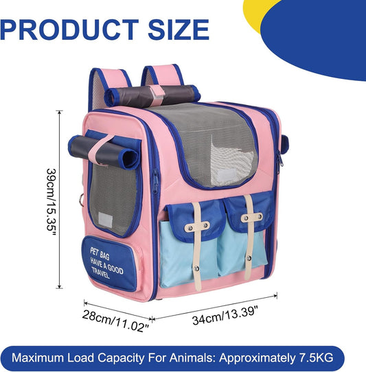 Pet Backpack Carrier, Portable and Ventilated, Oxford Cloth, Dogs Cats and Small Animals Travel Bag 13.39" Up to 16.5 Lbs, (Pink, Blue), Intended for Hiking/Camping/Traveling