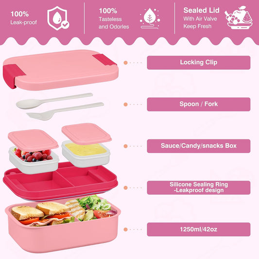 Bento Lunch Box Set with 10.5oz Soup Thermo Food Jar for Adults Kids, Stainless Steel Leak-proof Lunch Container with 4 Compartment, Coffee Tumbler with Lunch Bag for School Travel Office-Pink