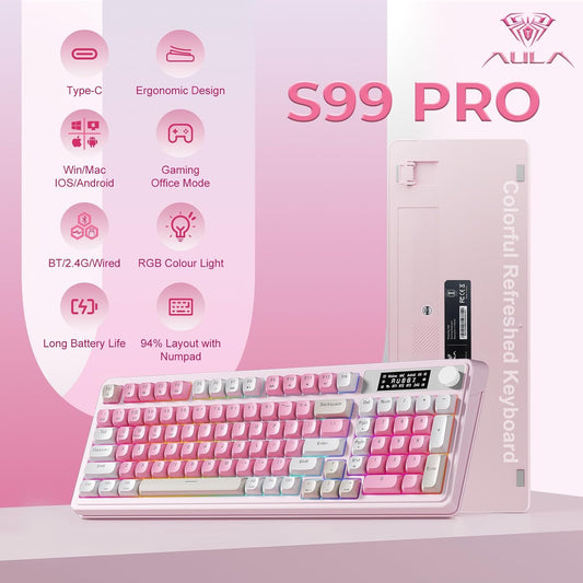 S99pro Wireless Pink Keyboard,Full Size Creamy Gaming Keyboard