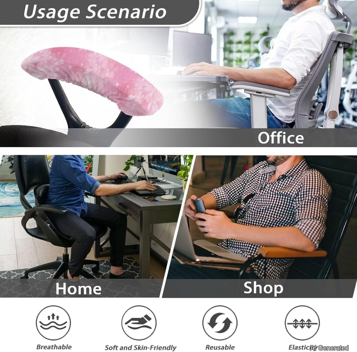 Cherry Blossom Gaming Chair Arm Rest Covers, 2 Pcs Floral Office Chair Arms Slipcovers with Elastic Band, Comfy Stretchable Polyester Office Chair Armrest Covers, Pink