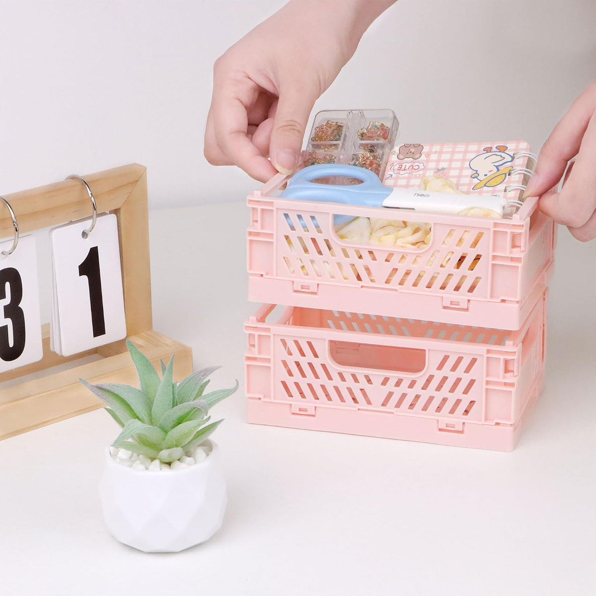 4 Pack Pink Plastic Baskets, Small Crate Storage Baskets for Organizing
