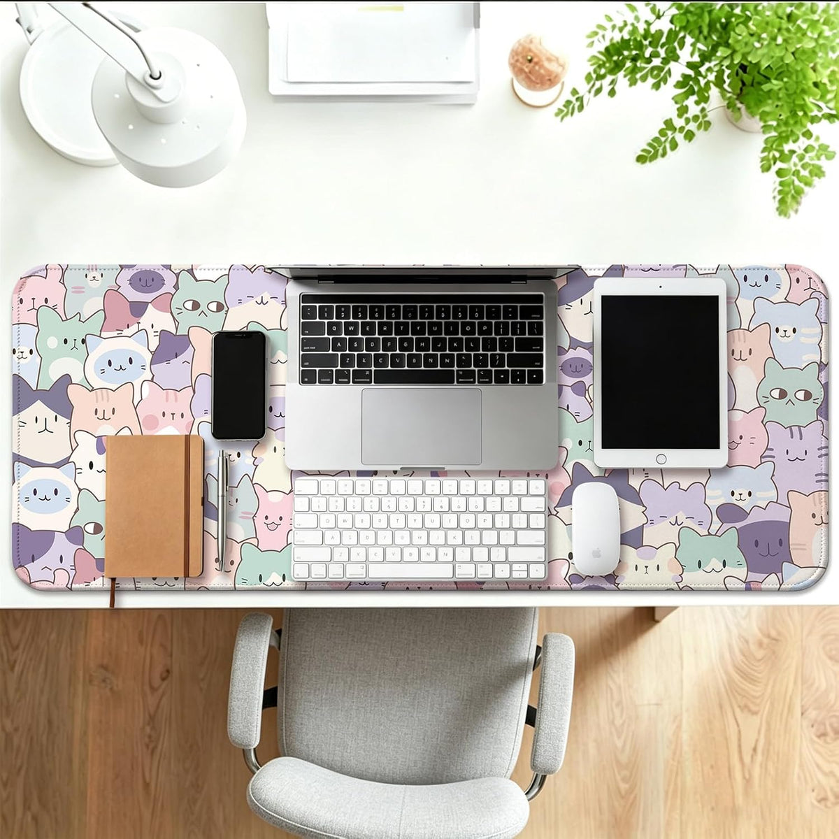 Cute Cat Gaming Desk Mat, Kawaii Pastel Extended Mouse Pad, Pink