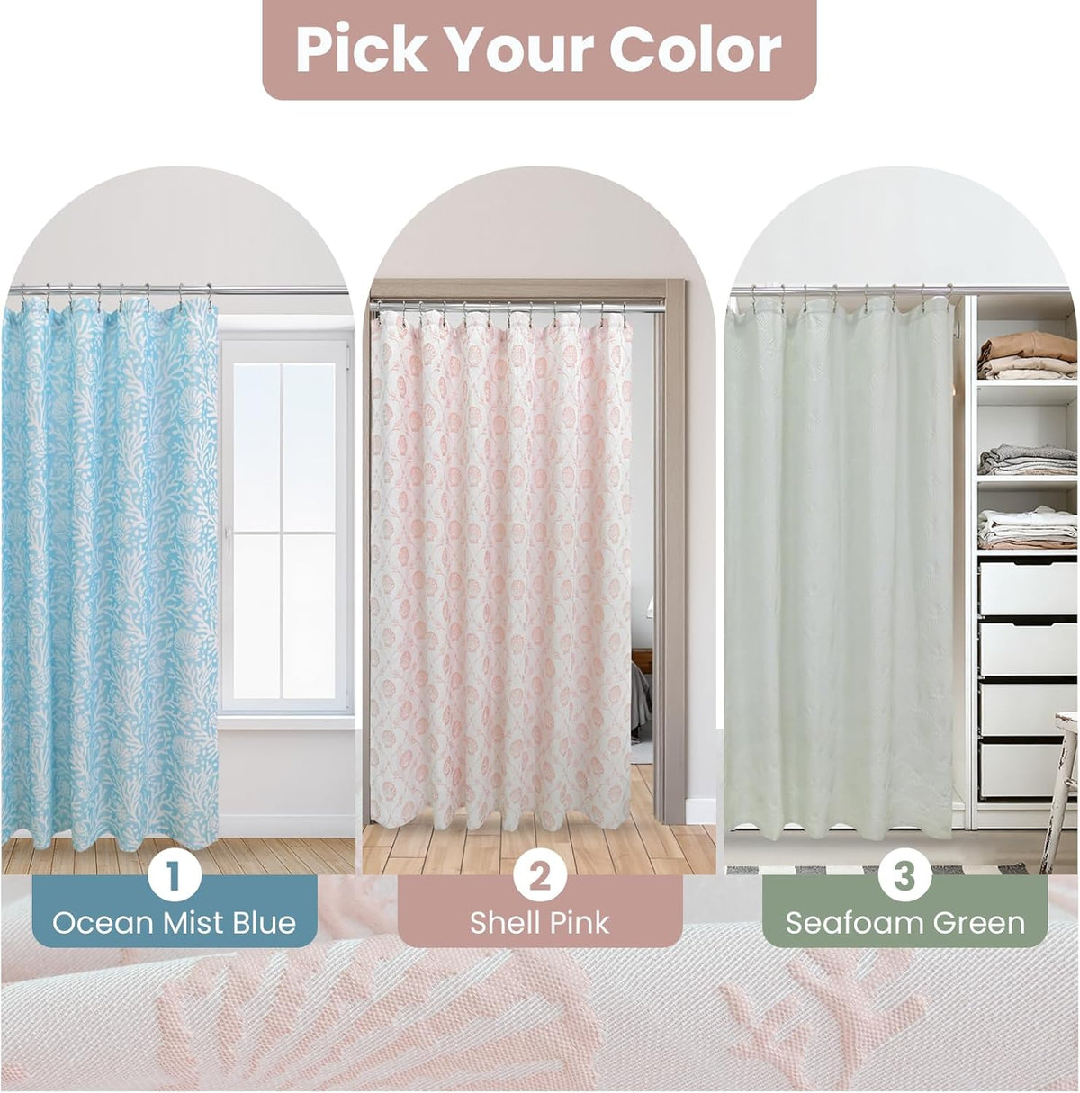 Fabric Shower Curtain Set with Detachable Liner, Matelasse Jacquard Coastal Pattern, Metal Hooks Included, Water-Repellent, 4 Hem Magnets, Shell Pink, 72 x 84 Inch