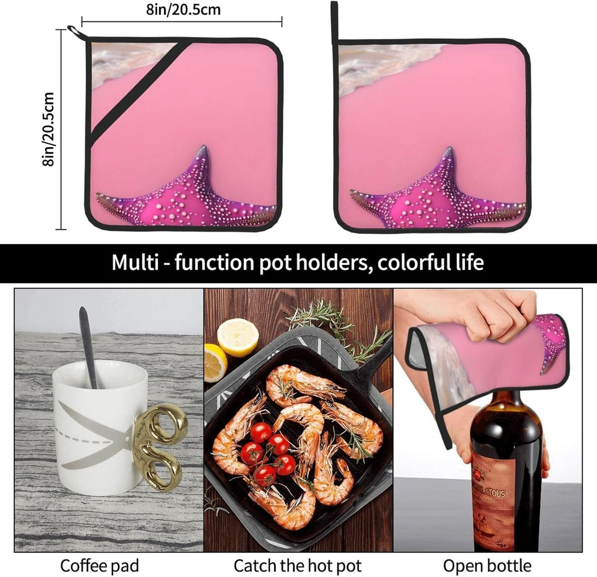 8 * 8 Inch Washable Pot Holder Set, Cooking Oven Grill Mat Accessories, Pink Sand Beach Heat Resistant Pot Holder Set of 2