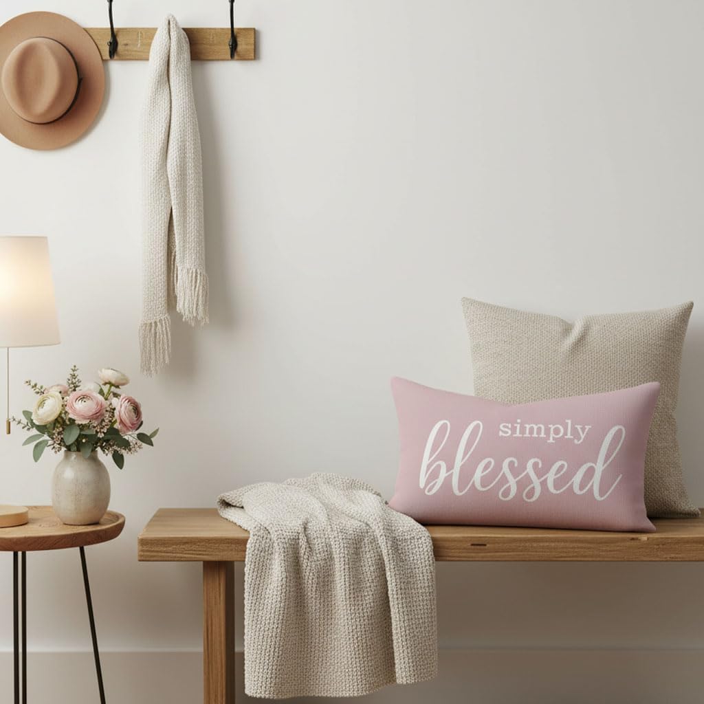 Decorative Lumbar Pillow Cover 12x20 Inch Simply Blessed, Pink