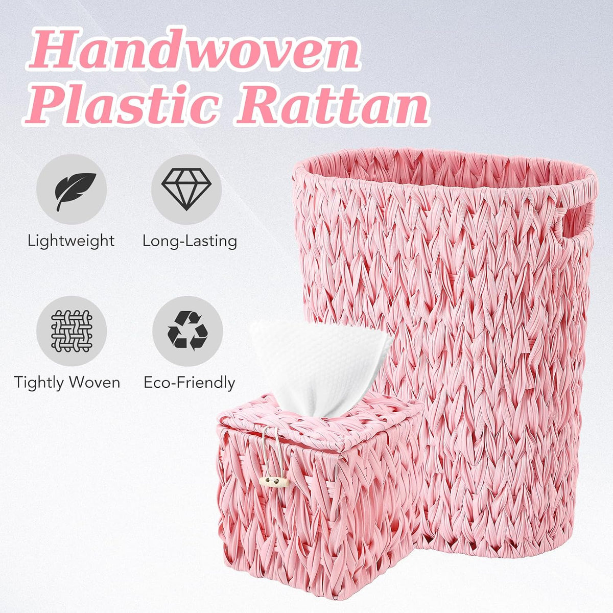 Wicker Trash Can and Square Tissue Box Cover, 4 Gallon Water Hyacinth Bathroom Trash Can, Handwoven Napkin Holder, Narrow Small Waste Basket, Rustic Decorative Home Set for Bedroom,Office (Pink)