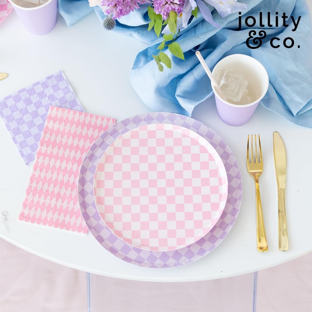 Jollity & Co Check It! Dinner Plates - Peaches N' Cream Paper Plates - Pack of 8 Paper Plates Disposable - Checkered Pattern Party Plates for Baby Showers, Summer Parties, Birthday Decorations