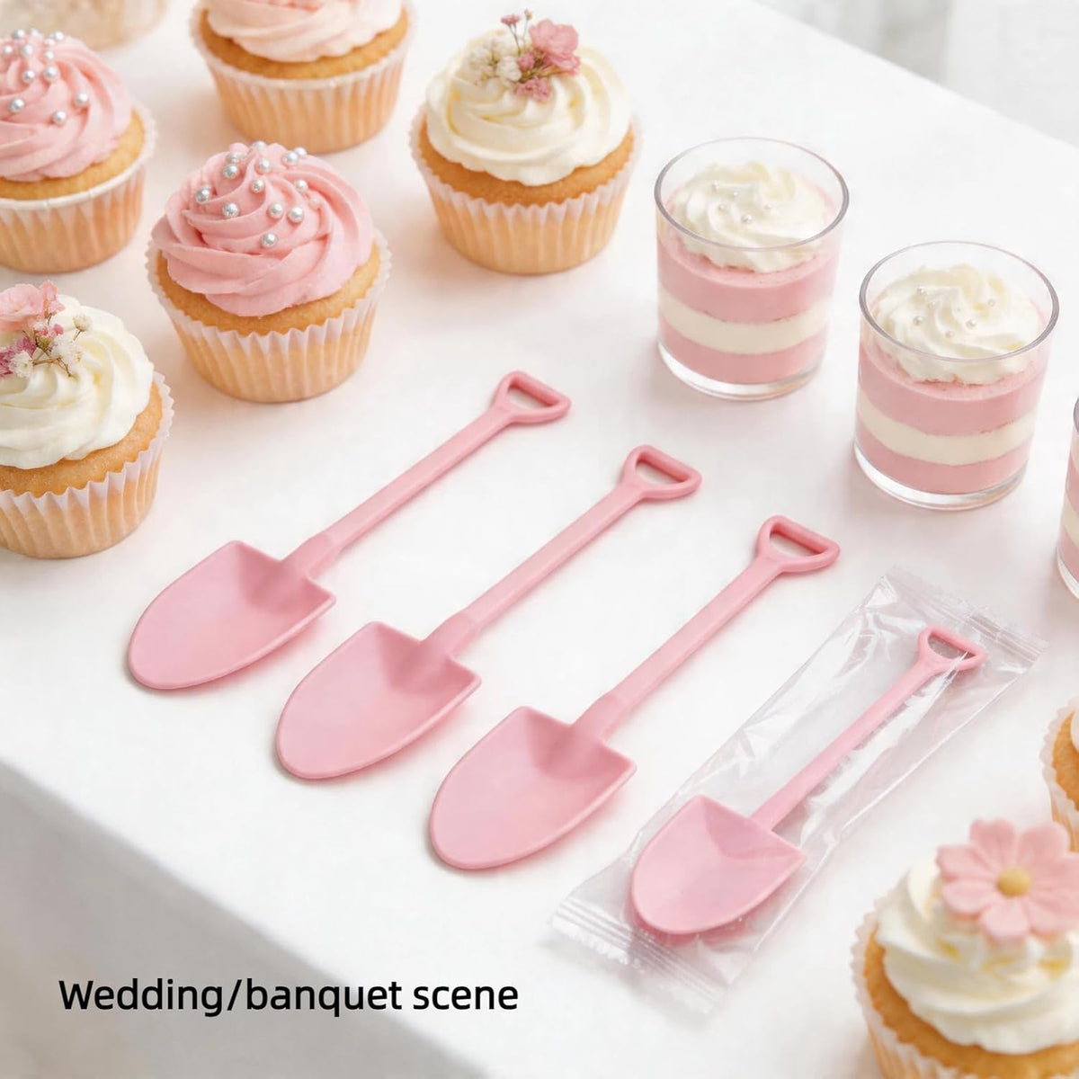 50Pcs Plastic Mini Shovel Shape Spoons, Disposable Plastic Ice Cream, Dessert Spoon, Pudding, Yogurt, Jello, Cake, Pastry, Fruit Shovel Spoon for Family or Party - Pink