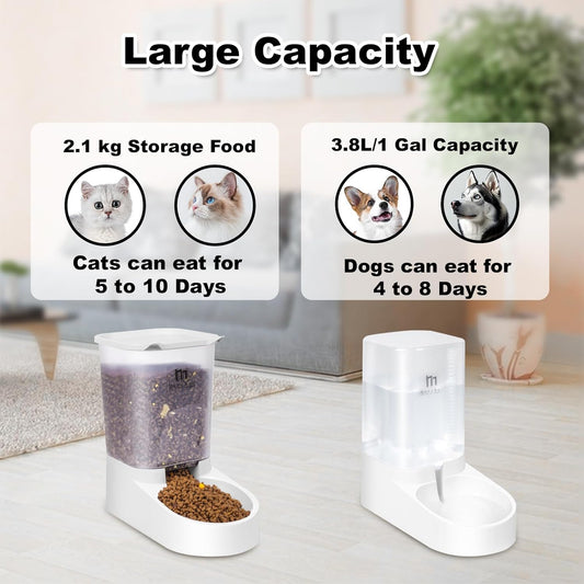 Marchul Dog Feeder, Gravity Cat Feeder and Water Dispenser Set, Automatic Pet Food Bowl and Waterer Large Capacity for Small Medium Pets Puppy Kitten Rabbit (1 Gallon / 3.8L)