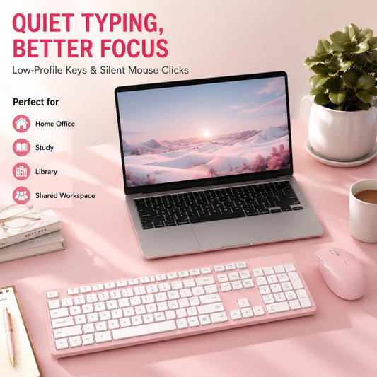 Pink Wireless Keyboard and Mouse Combo, Full-Sized Ergonomic Computer Keyboard, 2.4GHz Cordless Keyboard Silent Mouse Set with 2-in-1 USB Receiver, 12 FN Shortcuts for Windows Laptop, PC/Mac