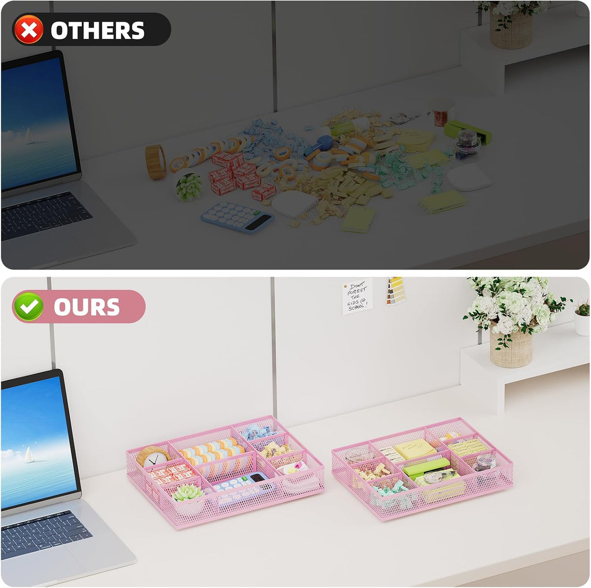 2 Pack Desk Drawer Organizer, Mesh Drawer Organizer Tray with 8 Adjustable Compartments, Desk Organizers and Accessories, 5 Dividers Drawer for Office Supplies, Makeup & Vanity (Pink)