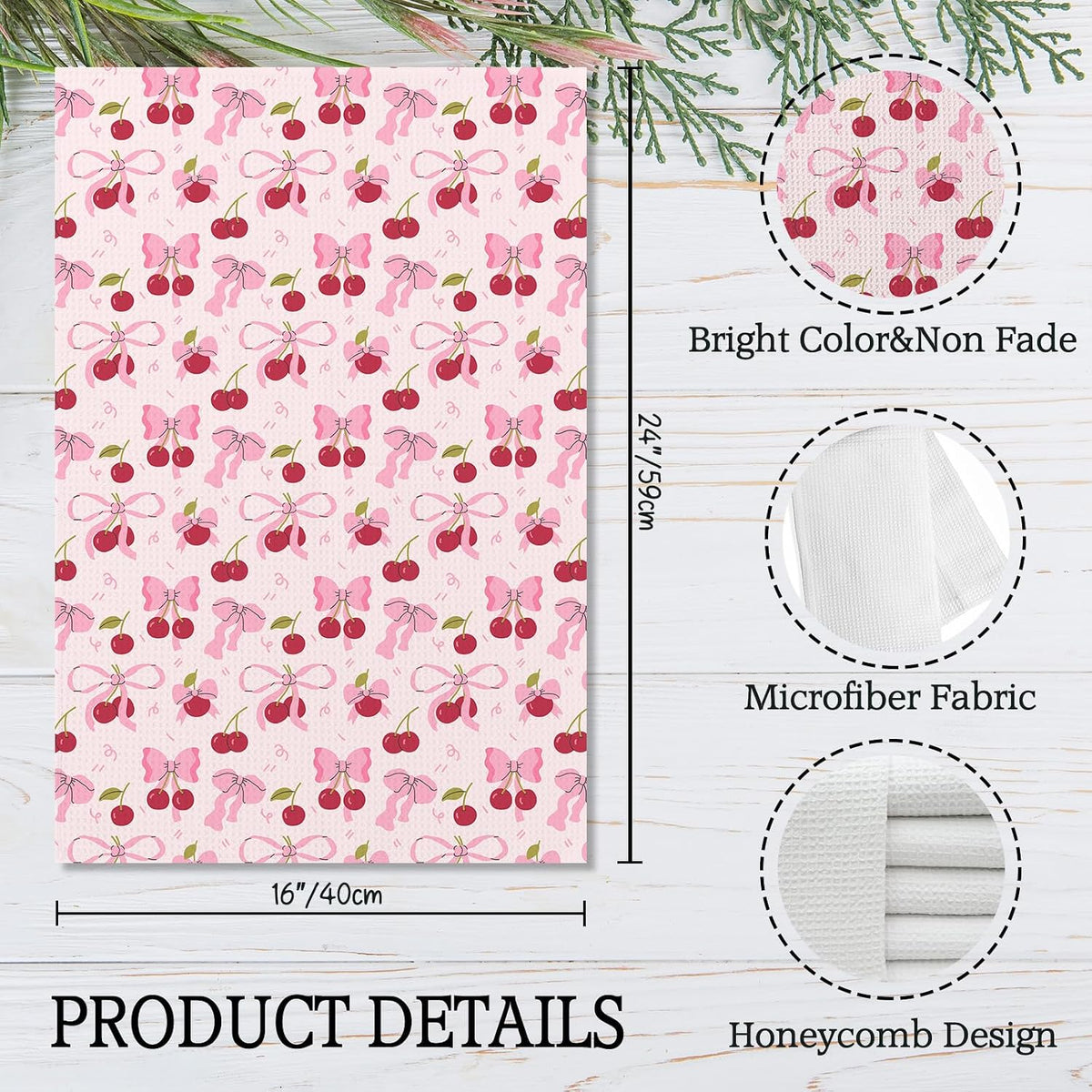 Pink Bow Cherry Kitchen Towels, Coquette Preppy Bow Decorative Hand Towels for Bathroom, Pink Cherry Dish Tea Towel for Kitchen Decor, Coquette Girly Bathroom Decor, 16x24 Inch Set of 2