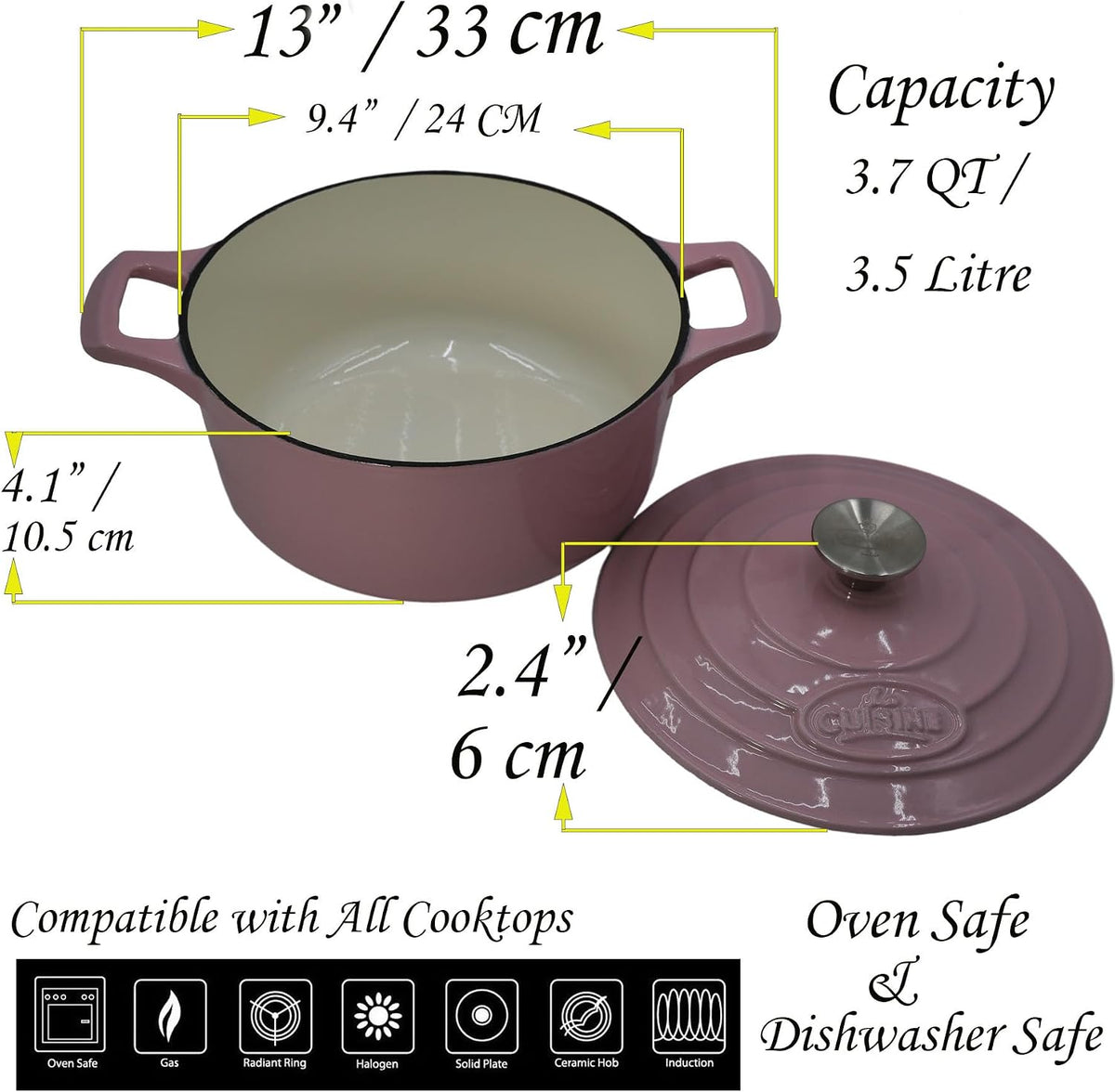 La Cuisine Enameled Cast Iron Dutch Oven Casserole Pot with Lid Internal Glossy Cream White Enamel Coating 3.75 QT 9.5" /24cm Ø. For GlassTop Stove, Oven-Safe, PFOA Free, Pink