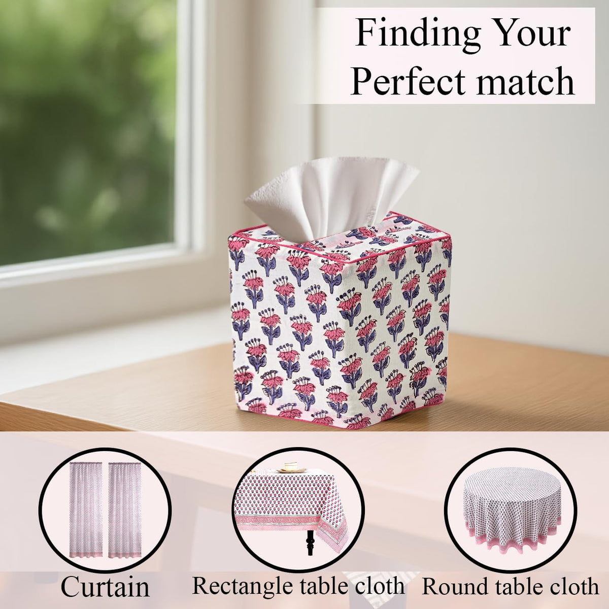 CPC Pink Sapphire Block Print Cotton Tissue Box Cover 5" x 5" x 5.5" Inch