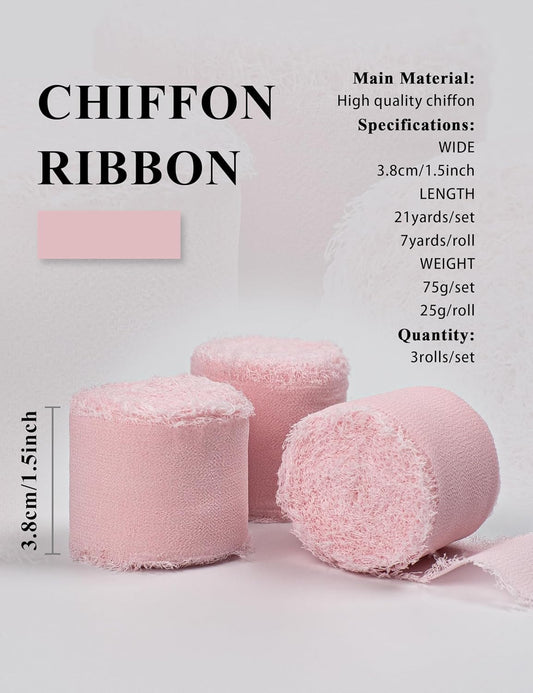 Pink Ribbon, Light Pink Chiffon Ribbon, Pastel Pink Silk Party Supply, 1.5''x21Yd Handmade Frayed Fringe Ribbon for Wrapping, Floral Vase, Crafts, Birthday, Wedding, Showers, 3 Rolls