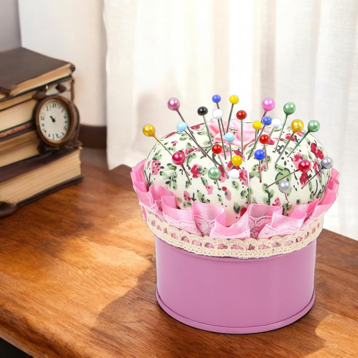 Pink Pin Cushion Lid with Iron Storage Jar, Needles Quilting Pins Holder Case for Sewing, Ideal Gifts for Women, Moms, Grandmas & Quilting Enthusiasts - Room Home Decor DIY Craft