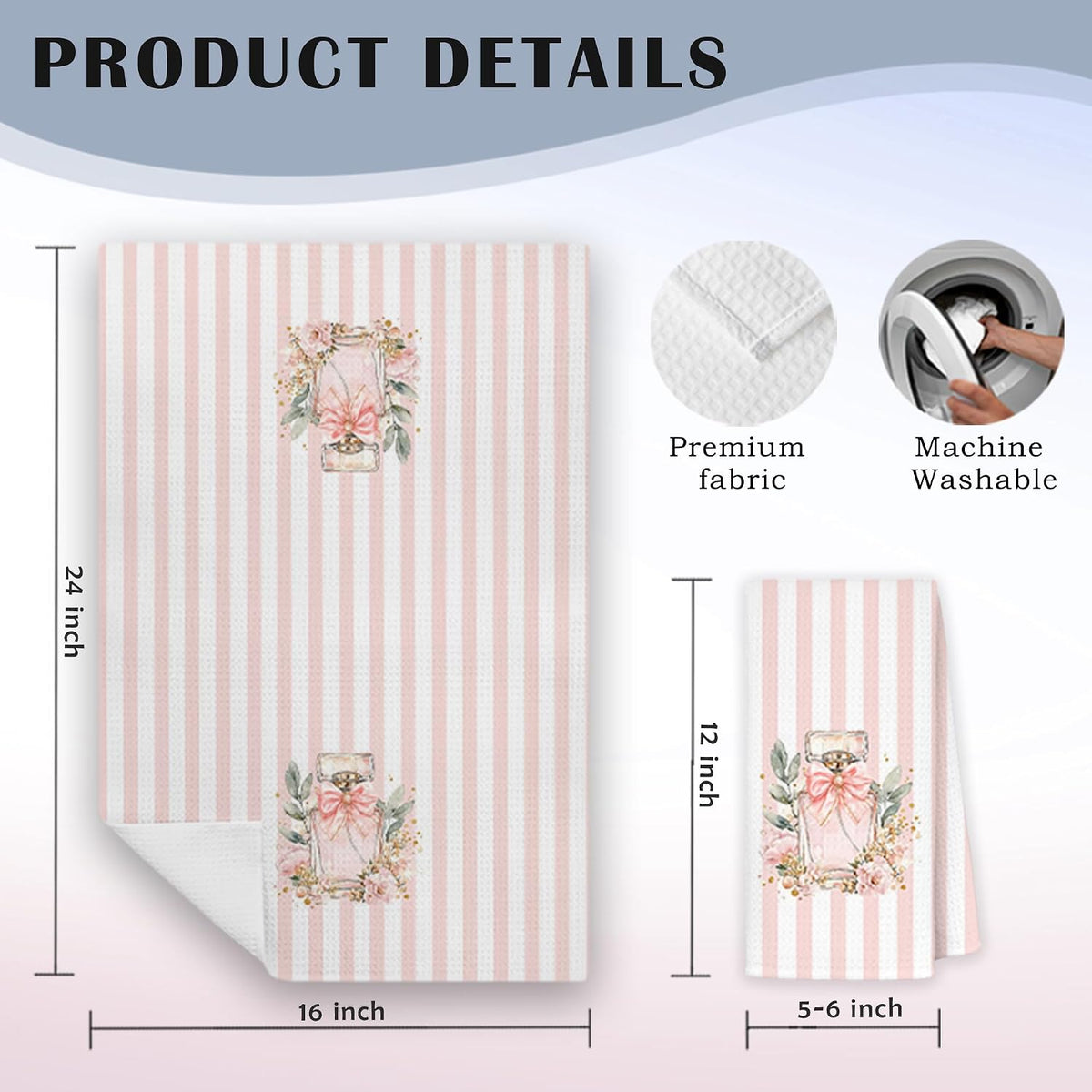 Coquette Pink Bow Floral Bathroom Hand Towels, Coquette Girly Bathroom Decor, Pink and White Striped Perfume Decorative Hand Towels for Bath Room Washroom Restroom, 16x24 Inch Set of 2