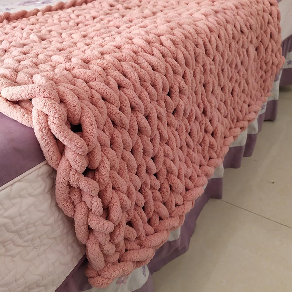 2 Skeins Chunky Chenille Yarn for Blanket, Super Soft Thick Fluffy Jumbo Chunky Chenille-Style Polyester Arm Knit Finger Yarn for Home Décor Projects 500g (Peach Blossom)