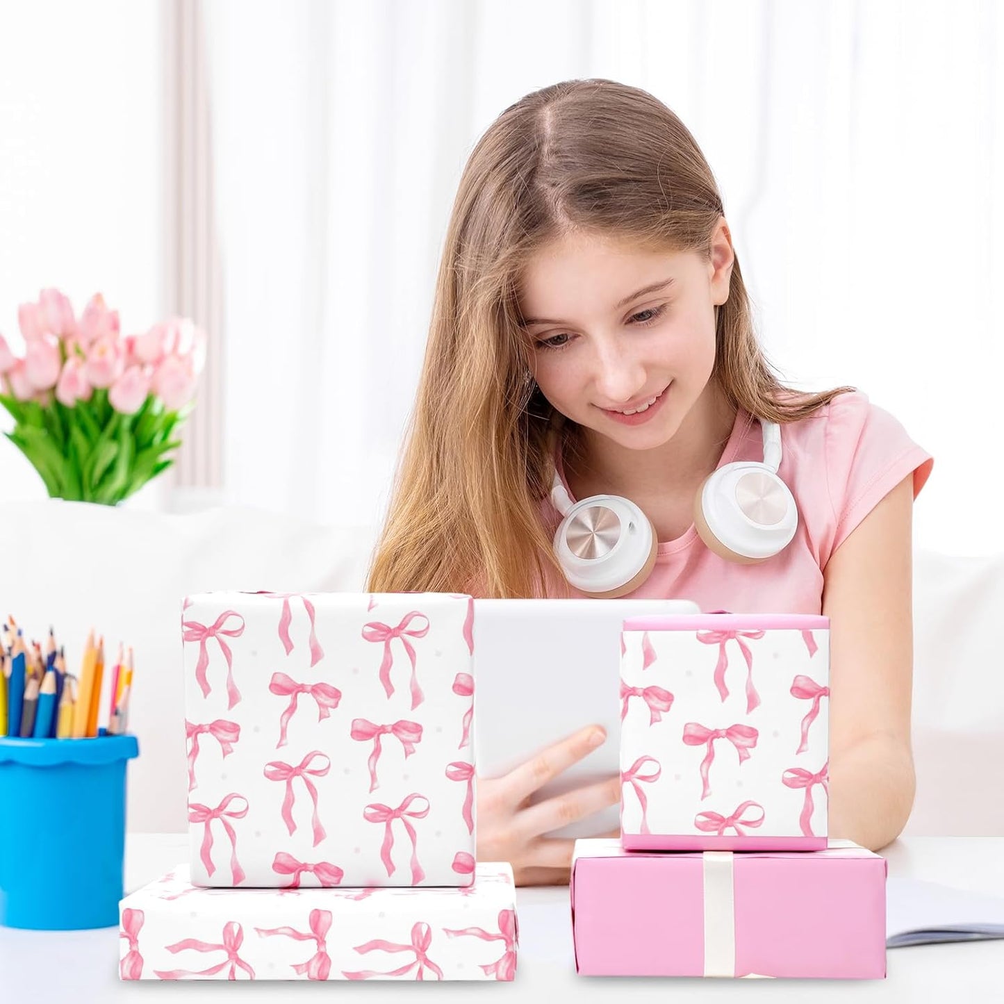 Pink Bow Wrapping Paper -Mini Roll- 17In x 32.8Ft Cute Coquette Bowknot Gift Wrap Paper Double-Printed Craft Sheet for Birthday Bridal Party Packing Supplies