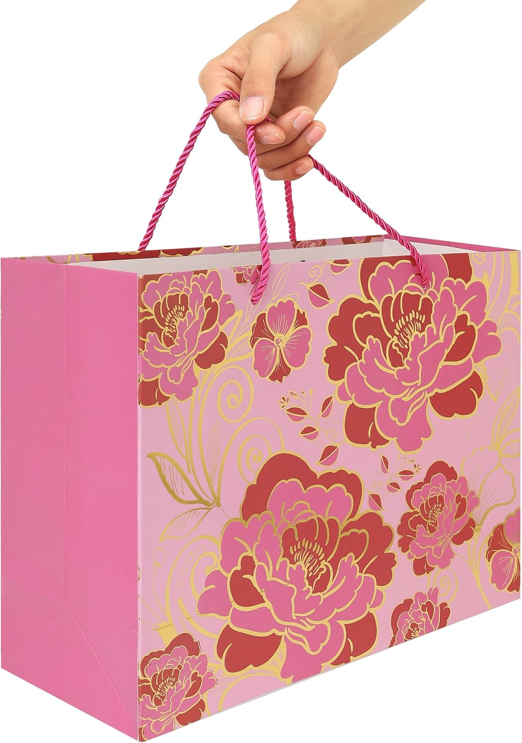 13" Large Rose Pink Gift Bag Set with Greeting Card and Tissue Paper(Foil Traced Flowers) for Celebrating Birthdays, Mother's Day, Valentine's Day, Weddings, Anniversaries - 13”x5.2”x10.2”,1 Pcs.