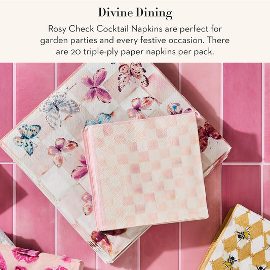 MACKENZIE-CHILDS Cocktail Paper Napkins, Stylish Paper Cocktail Napkins for Parties and More, Pink-and-White Rosy Check