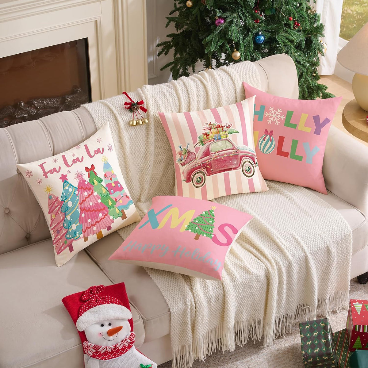 Pink Christmas Decorations Pillow Covers 18x18 Set of 4 Christmas Throw Pillow Covers, Holly Jolly FA La La Xmas Winter Holiday Linen Cushion Case for Home Sofa Couch Bed Chair Decor