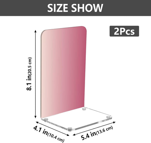 Light Pink Gradient Print Acrylic Bookends 2 Pcs Book Ends for Shelves Non-Slip Book Stopper Organizer for Office Library Home Decor, 5.4x4.1x8.1 in