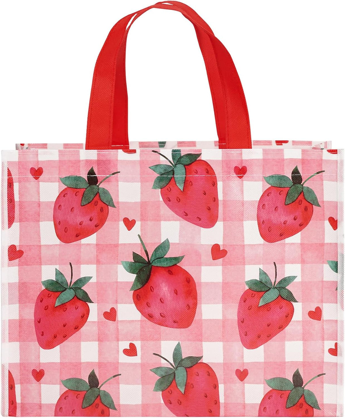Starberry Reusable Gift Bag, Sweet Srawberry and Plaid Design Medium Recycled Pink Gift Bag for Girls, Kids, Birthday, Summer, Valentine's Day, Party Favor, 13" x 5" x 10", 1 Pcs
