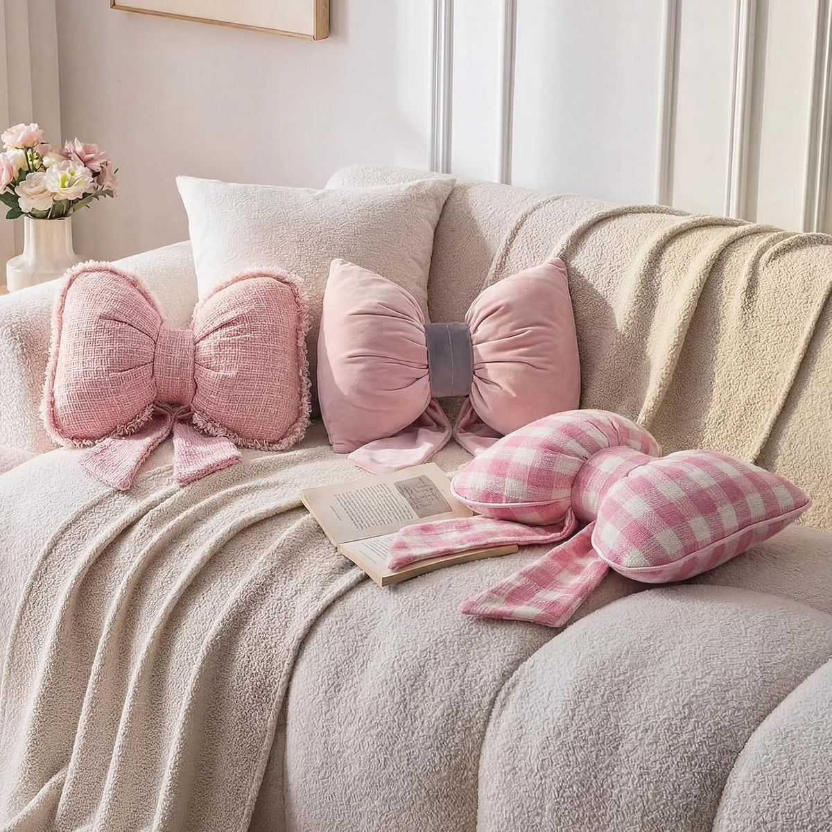 Pink Bow Pillow Soft Bow Shaped Throw Pillows Decorative Cute Cushion Aesthetic Home Decor for Room Bed Sofa Couch(Lace Trim,Polyester)