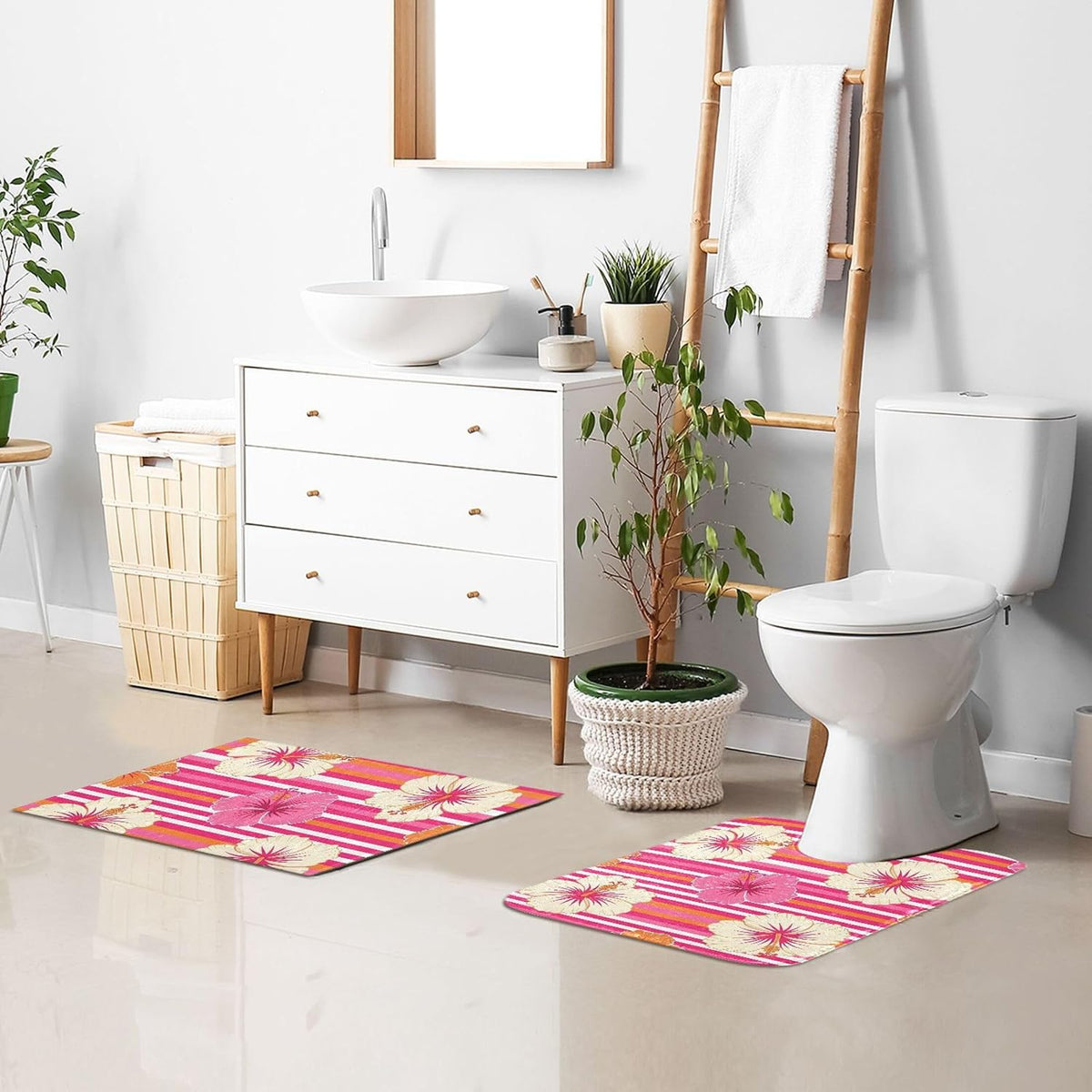 Hibiscus Pink Stripes Bath Mat Rug, Extra Soft Absorbent Bathroom Rug with Non-Slip Backing for Bathroom Floor Tub Shower, 16x24 in