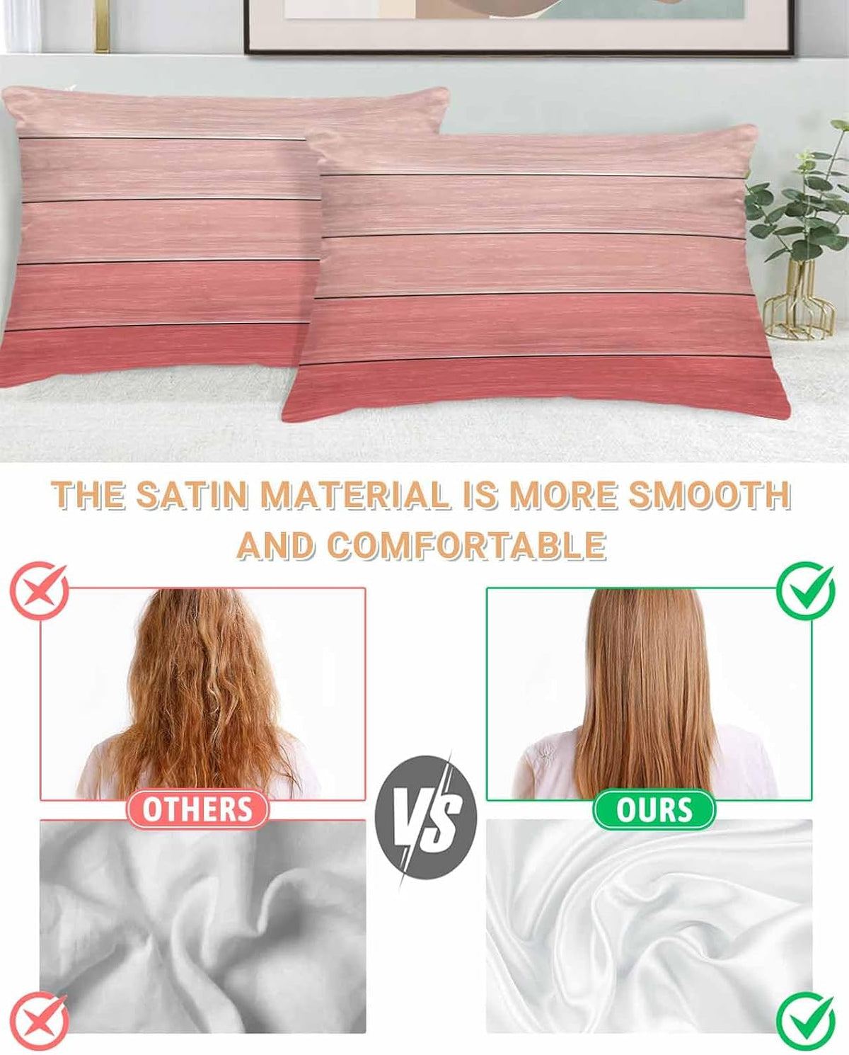 Satin Pillowcase for Hair and Skin Standard Size 2 Pack Peach Pink Wood Grain Satin Pillow Case Soft Cool Silk Rustic Farmhouse Wooden Board Pillowcases with Hidden Zipper Throw Pillow Covers 20x26
