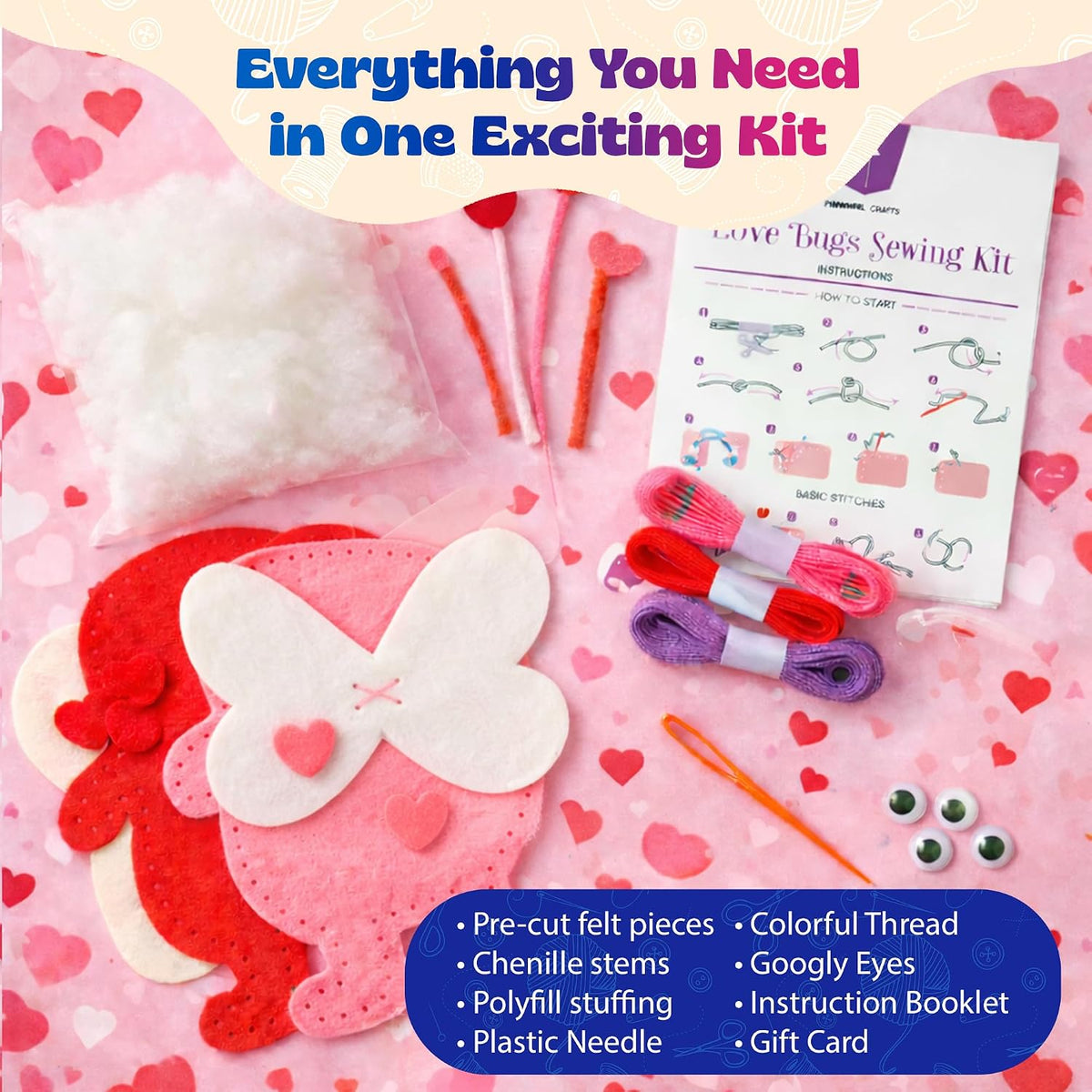 Valentine Gift for Kids, Love Bugs Kids Sewing Kit - Make & Gift Felt Plush Craft, Sew 2 Stuffed Love Bugs (Red & Pink), Precut Felt, Needle, Thread, Polyfill, Googly Eyes, Gift Cards, Ages 5+