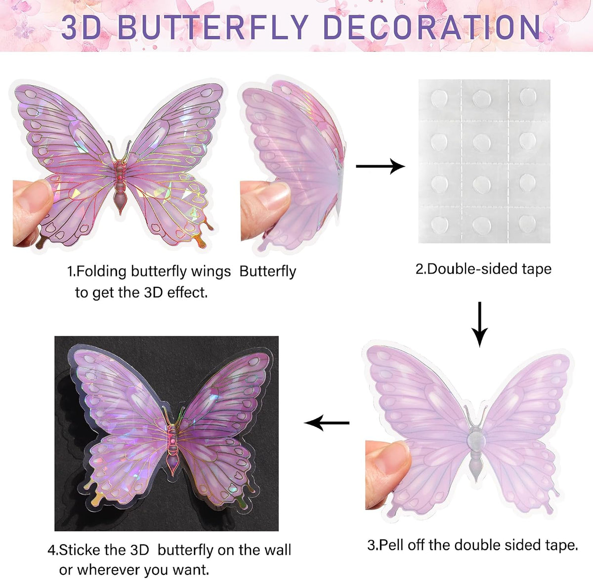 3D Butterfly Wall Decor - 50PCS Removable PVC Butterflies Wall Stickers- Multi-Size (2.8"-3.9")- DIY Removable Wall Art Decal for Kids Room, Nursery, Bedroom, Classroom, Party Decoration (Pink)