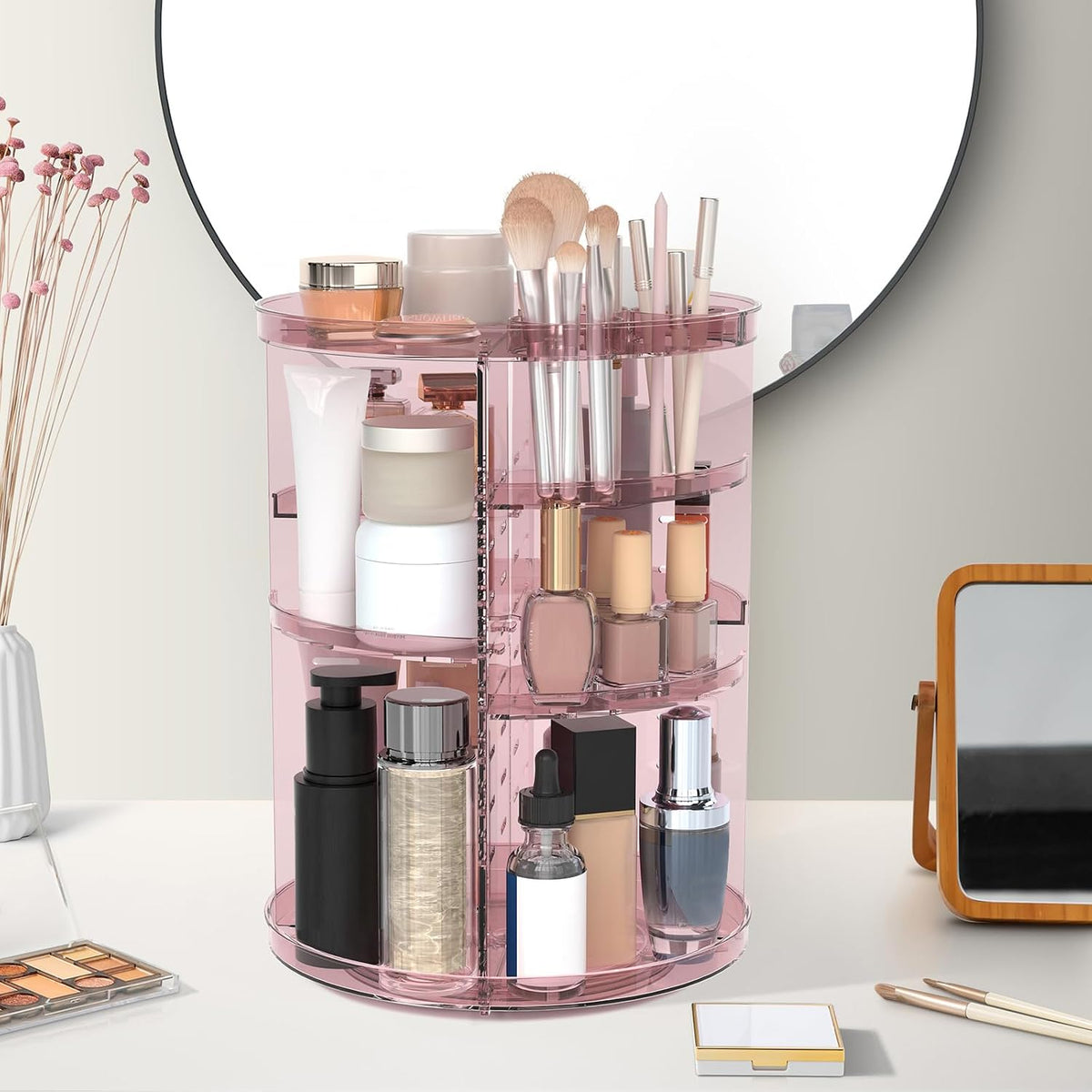 Rotating Makeup Organizer, DIY 8 Adjustable Layers Spinning Skincare Storage, Cosmetic Display Case with Brush Holder and Perfume Tray, Multi-Function Vanity Bathroom Countertop Organizer Clear Pink