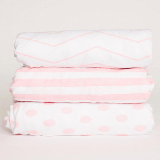 . 3 Fitted Crib Sheets Pink Set for Baby Girl - 100% Oeko-TEX Cotton Nursery Bedding - Pink/White Chevron, Polka Dot, and Stripe - for Standard Baby or Toddler Crib Mattress 28”x52”x9” Sheet