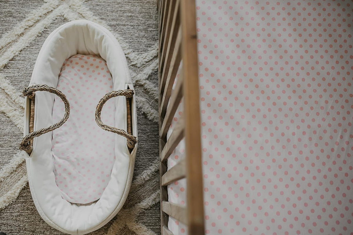 . 3 Fitted Crib Sheets Pink Set for Baby Girl - 100% Oeko-TEX Cotton Nursery Bedding - Pink/White Chevron, Polka Dot, and Stripe - for Standard Baby or Toddler Crib Mattress 28”x52”x9” Sheet