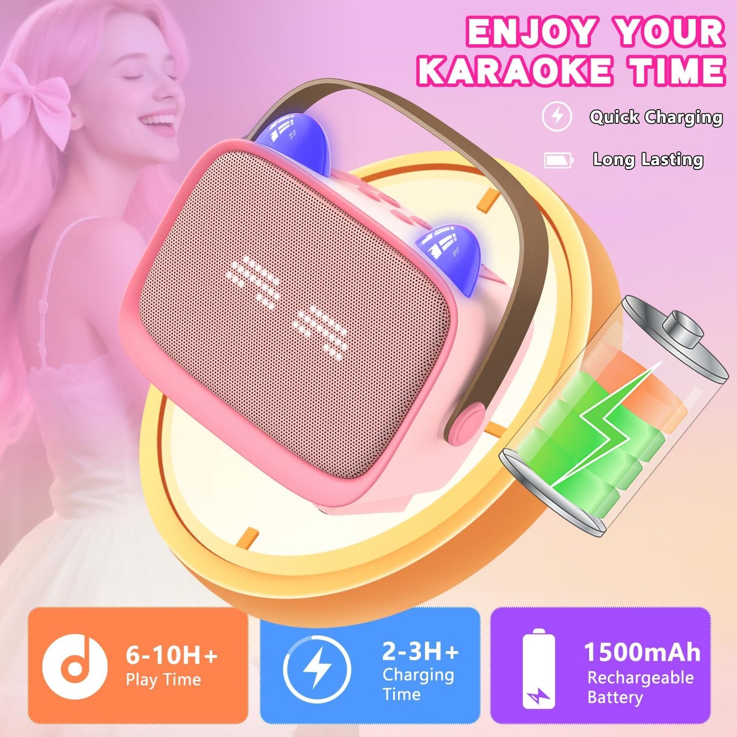 Upgraded Mini Karaoke Machine Toy for Kids, Portable Bluetooth Speaker with 2 Wireless Mics, Emoji & Colorful LED Lights, Home Travel & Party Play Gifts for Boys Girls (Pink)