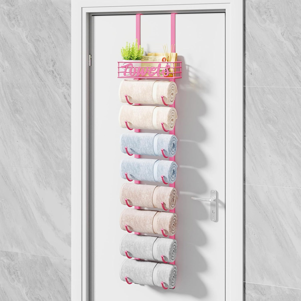 Towel Racks for Bathroom Storage - 9 Tier Over The Door & Wall Mount Rolled Towel Storage Organizer Holder with Metal Shelf Basket for Small Bathroom, Camper, Rv - Pink, Patented
