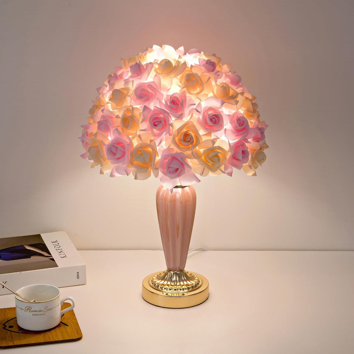 Pink Flowers Lamp Beautiful Yellow Bedside Lamp Nordic Nightstand Light Romantic Rose Table Lamp for Wedding Decoration Princess Girl Bedroom Valentines Dating Living Room Office