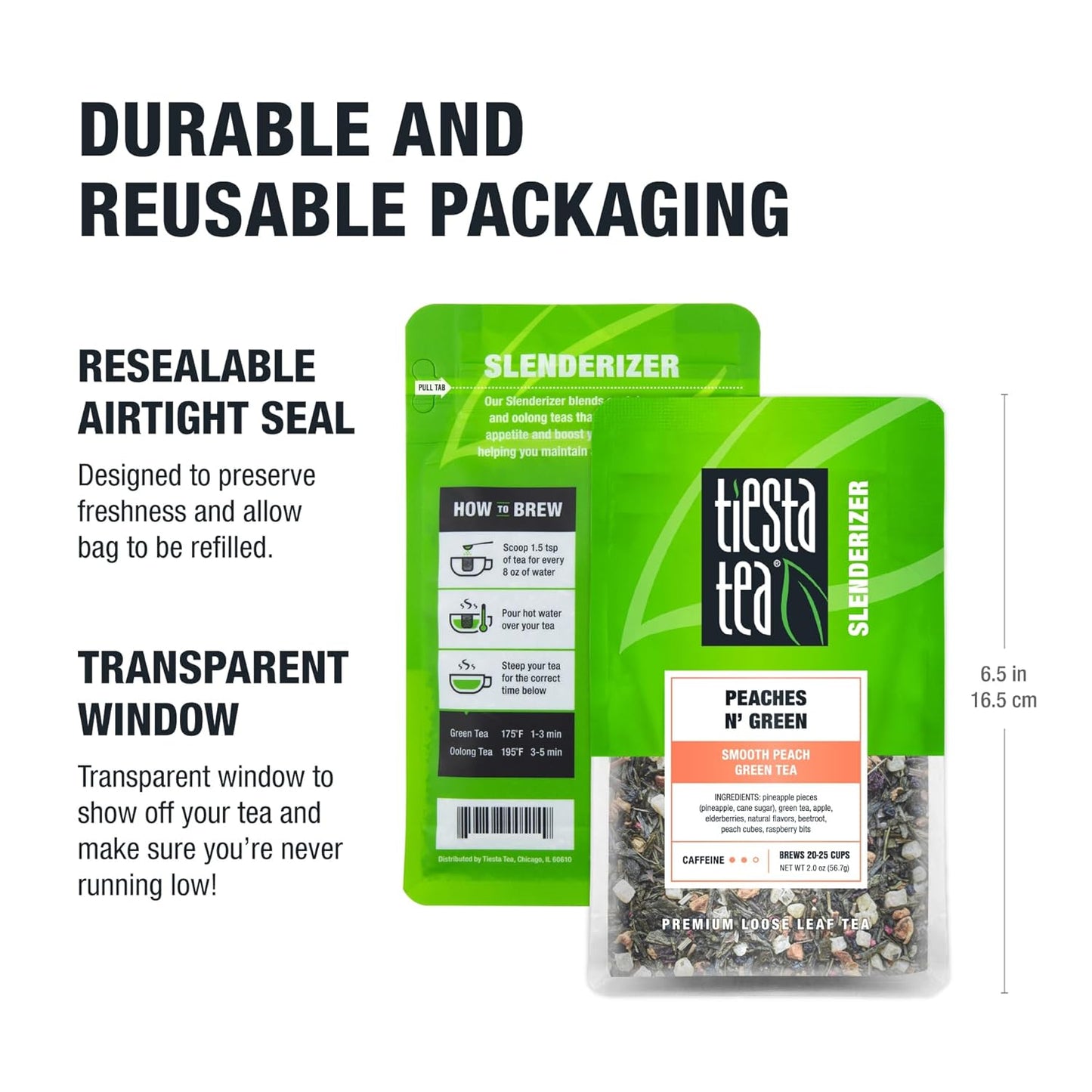 Peaches N' Green, Loose Leaf, Smooth Peach Green Tea, Premium Medium Caffeinated Blend, Make Hot or Iced, Brews Up to 25 Cups, 2.0 Ounce Resealable Pouch