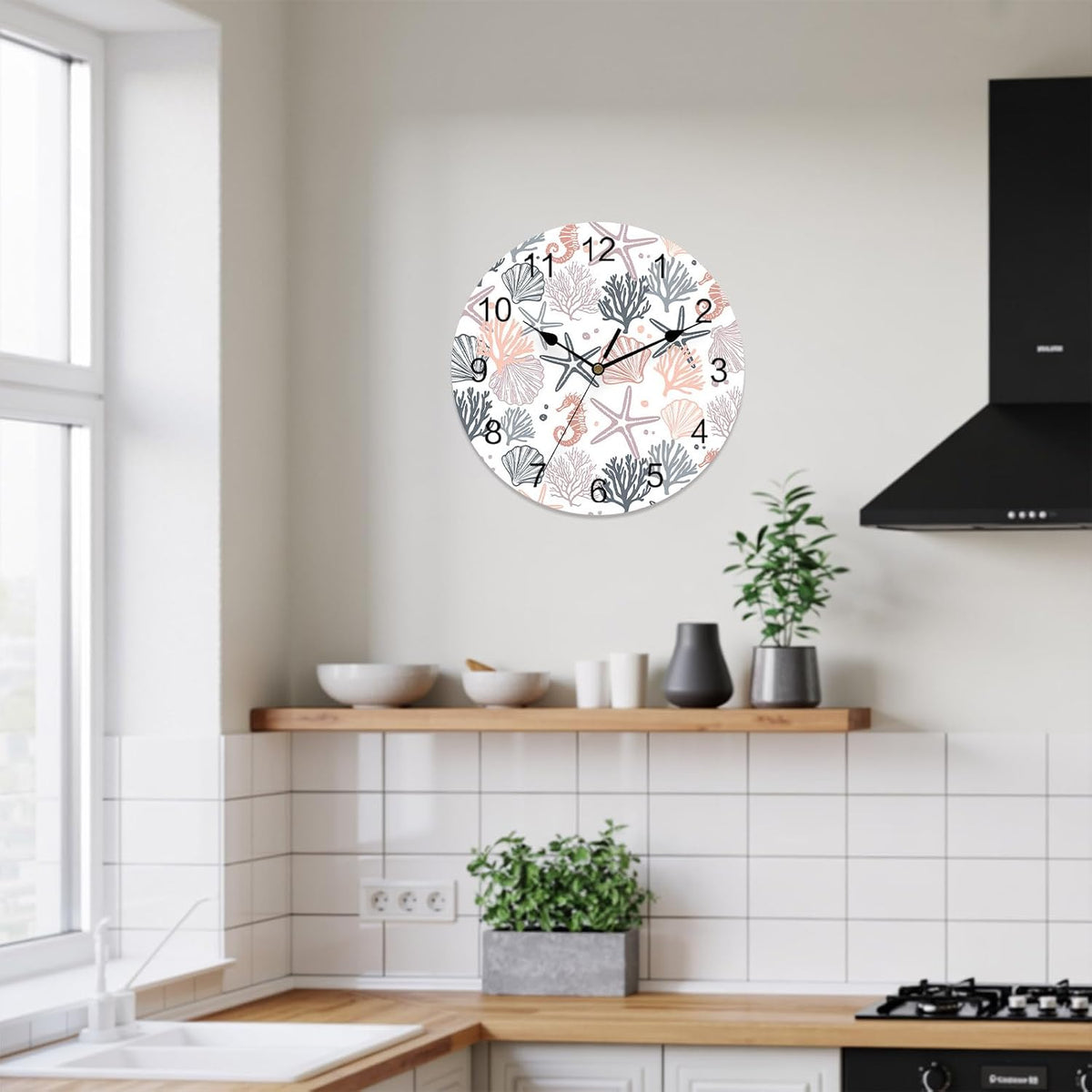 Wall Clock Pink Starfish 14" Round Silent Non-Ticking PVC Clocks Shell Coral Marine Life Battery Operated Round Clock for Living Room Bedroom Office Kitchen Wall Decor
