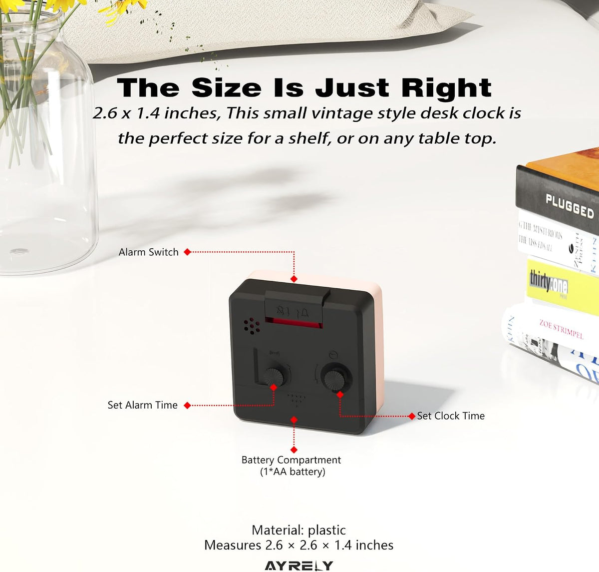 ® 2.6" × 1.4" Ultra Small Battery Operated Analog Travel Alarm Clock