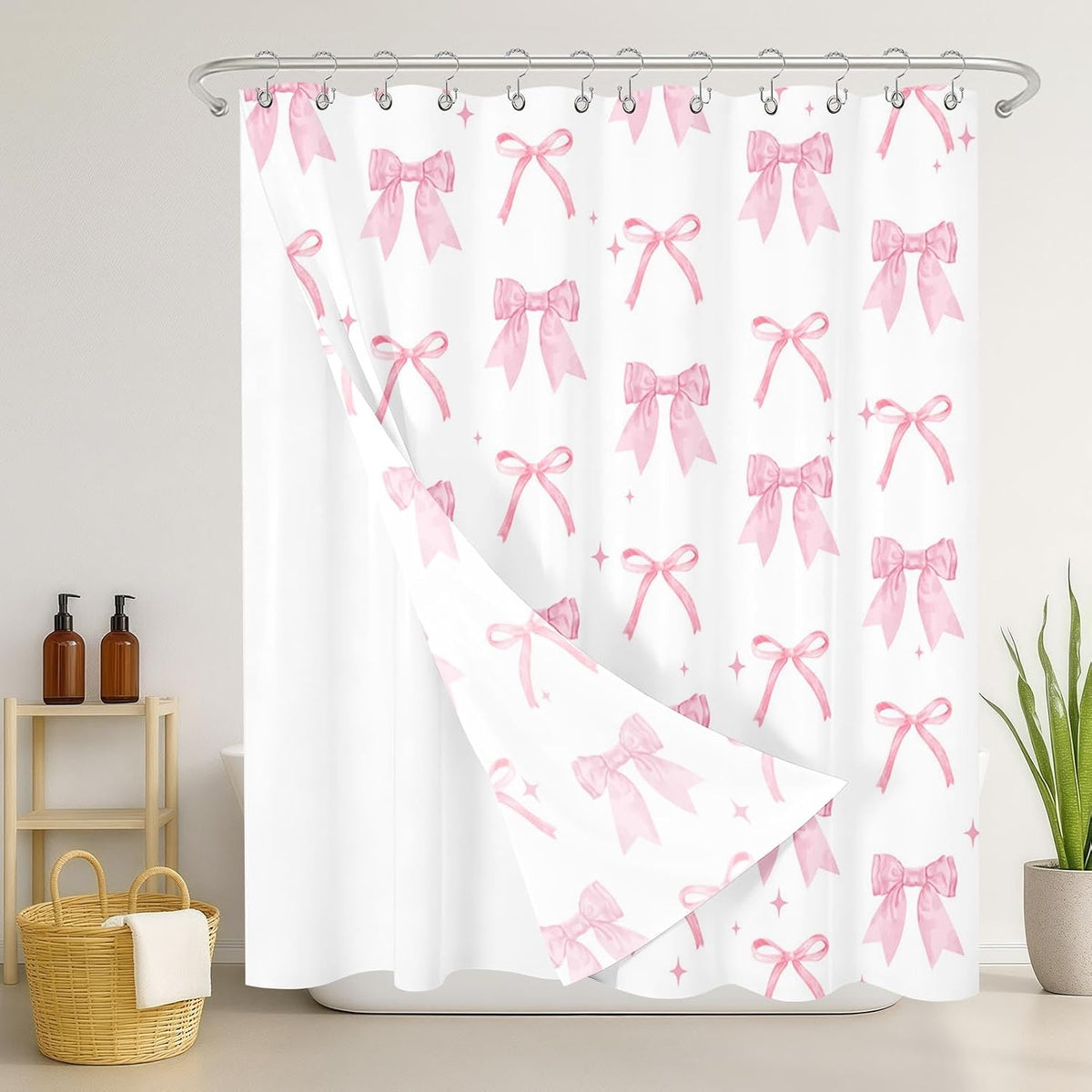 Shower Curtain and Liner Set, 72x72 Inch, Bow Pink