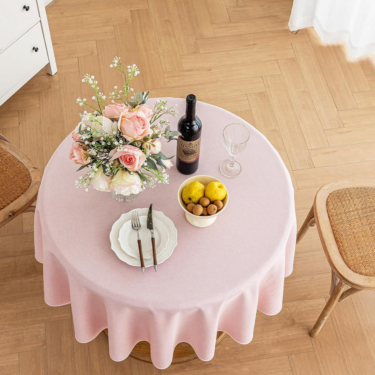Pink Round Tablecloth Linen Style Fabric, 60 Inch