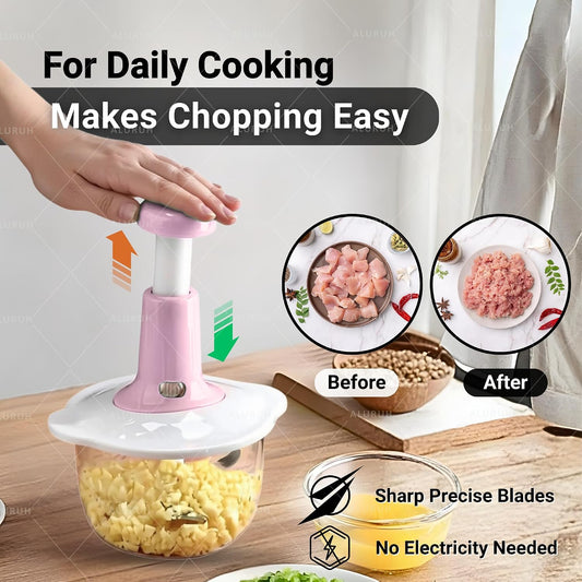 Manual Food Choppers, Vegetable & Meat Cutter with Durable Blades and Plastic Bowl – Multipurpose Kitchen Tool (1.5L PINK)