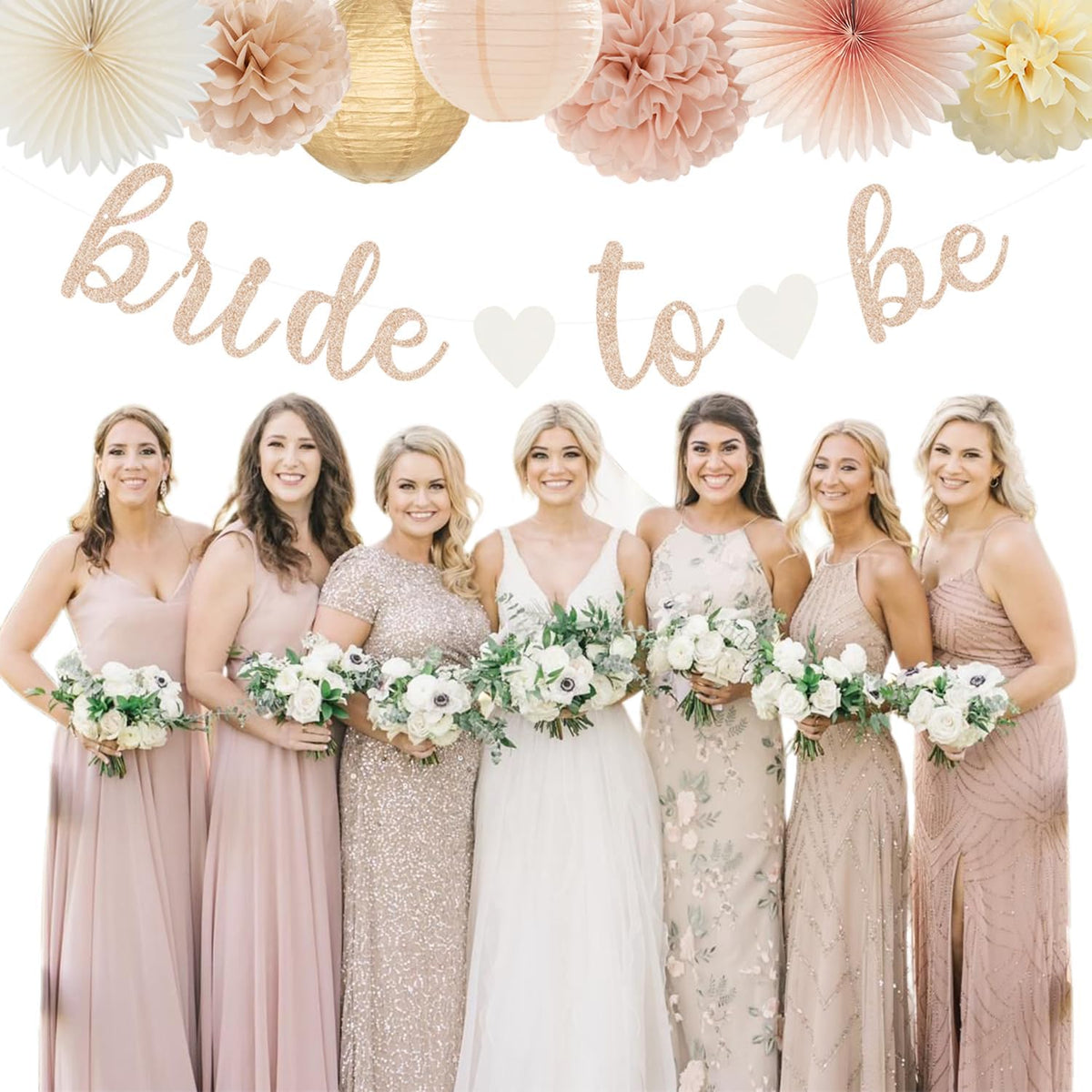 Champagne-Gold Beige Fall Bridal-Shower Party-Decorations - 36pcs Bride To Be Banner,Bachelorette Paper Lanterns,Wedding Streamers Garland,Boho Peach Tissue Pom Poms Flower Fan Decor Supplies
