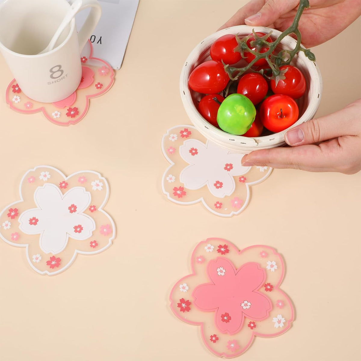 6 PCS Sakura Coffee Cup Mat Kawaii Coaster, White & Pink Silicon Cup Coasters Durable Non-Slip Home Tea Mug for Hot Drinks Table Protection Desk Drink Table Decor