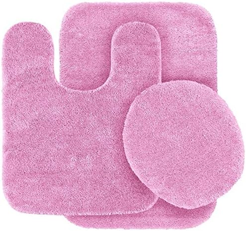 #6 Bath Mat, Contour Mat, and Lid Cover, with Rubber Backing Bathroom Set 3 Piece Solid Assorted Colors (Baby Pink)